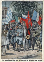 Primera Guerra Mundial 1914-1918. Las protestas en Salónica (o Tesalónica en Grecia) a favor de los aliados. En 