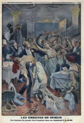 Primera Guerra Mundial 1914-1918. Las mujeres del pueblo irrumpen en un restaurante de moda y exigen el regreso de sus maridos. En "Le Petite Journal", el 16/01/1916. Colección privada