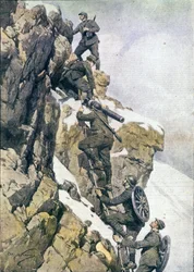 Primera Guerra Mundial: cazadores alpinos italianos (alpino o alpini) transportando material en una cumbre de los Alpes italianos