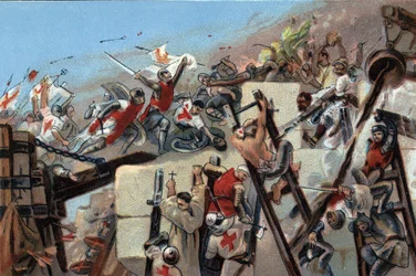 Primera cruzada (1096-1099): la captura de Jerusalén por los cruzados liderados por Godefroy de Bouillon (1061-1100) el 15 de julio de 1099. Cromolitografía publicitaria de chocolates Antoine en Bruselas, principios del siglo XX. Colección privada.