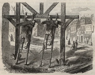 Forzados carpinteros en el Bagne de Toulon en el siglo XIX. Grabado en “Histoire des bagnes depuis leur creación à nos jours” (1877) por Pierre Zaccone (1817-1895). Colección privada.