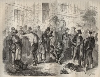 Forzados vendiendo sus pertenencias antes de entrar en el Bagne de Toulon en el siglo XIX. Grabado en “Histoire des bagnes depuis leur creación à nos jours” (1877) por Pierre Zaccone (1817-1895). Colección privada.