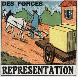 Fuerzas: un caballo tirando de un carro. Ilustración anónima de 1925. Colección privada.