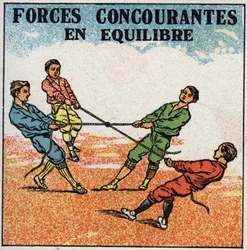 Fuerzas: fuerzas competidoras en equilibrio. Niños tirando de un anillo, cada uno con una cuerda desde su lado, mientras permanecen en equilibrio. Ilustración anónima de 1925. Colección privada.