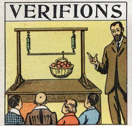 Fuerzas: fuerzas paralelas. Cesta de manzanas levantada con un palo sostenido por dos resortes. Ilustración anónima de 1925. Colección privada.