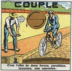 Fuerzas: par o fuerza de torsión. Fuente y ciclista. Ilustración anónima de 1925. Colección privada.
