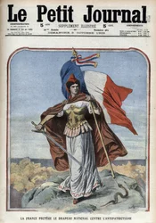 Francia (Marianne) protege la bandera nacional contra el antipatriotismo - «Le Petit Journal» de octubre de 1909