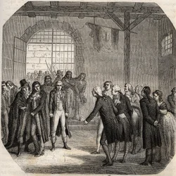 Revolución Francesa - Los Hebertistas - Los Hebertistas en la Conciergerie en París el 23 de marzo de 1794 - - Grabado en "Histoire des Girondins" por Alphonse de Lamartine (1790-1869) 1865-1866 - Colección privada