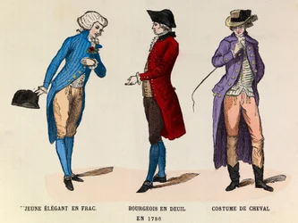 De izquierda a derecha: Un joven elegante en frac; Un burgués de luto y un traje de caballo en 1786