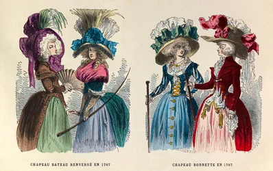 De izquierda a derecha: Sombrero de barco volcado; Sombrero de hilo en 1787 - colección privada