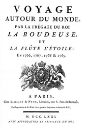 Frontispicio de 1771 del libro "Viaje alrededor del mundo por la fragata del rey La Boudeuse y la flauta L
