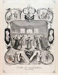 Frontispicio de la partitura musical de Tutti in maschera, ópera de Carlo Pedrotti