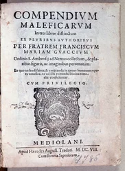Frontispicio de Compendium maleficarum de Guazzo sobre demonología y brujería (grabado)