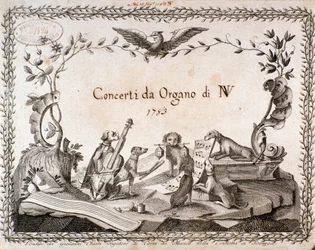 Portada de una partitura musical con representación de animales tocando instrumentos musicales (1783)