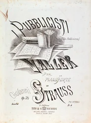 Portada de la partitura musical de Los Publicistas (Op. 321) por Johann Strauss