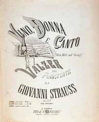 Frontispicio de la partitura musical de Vino, Mujeres y Canciones de Johann Strauss