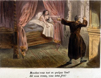 Escena galante: Monje, en compañía de una mujer desnuda en la cama, sorprendido por la llegada de una persona, intenta esconderse. Grabado en color del siglo XIX
