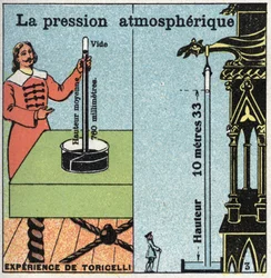 Presión de gas: presión atmosférica. A la izquierda, el experimento de Evangelista Torricelli sobre la presión atmosférica medida con su barómetro (tubo de mercurio) en 1643. A la derecha, la experiencia de Blaise Pascal.