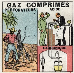 Presión de gas: sartenes de gas utilizadas para taladros de aire comprimido y en la fabricación de cerveza. Ilustración anónima de 1925. Colección privada.
