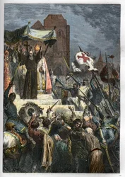 Dios lo quiere: en el Concilio de Clermont (hoy Clermont Ferrand, Auvernia), Pedro el Ermitaño (1050-1115) predicó la primera cruzada ante el Papa Urbano II