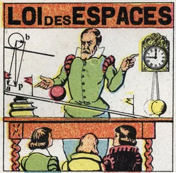 Granulosidad: ley de los espacios. Galileo (o Galileo Galilei (1564-1642)) observa el movimiento de una bola en un plano inclinado para estudiar la caída de los cuerpos. Ilustración anónima de 1925. Colección privada.