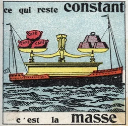 Gravedad: la masa permanece constante. Una enorme balanza con pesos equilibrando sacos de café, todo sobre un bote. Ilustración anónima de 1925. Colección privada.