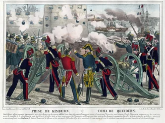 Guerra de Crimea - Batalla de Kinburn (1855) - Bombardeo de Kinburn - Anónimo - 1857 - Litografía, acuarela - 29,5 x 42,7 - Colección privada