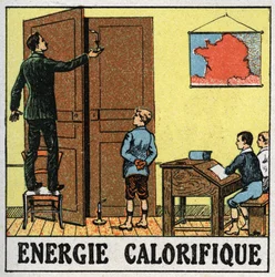 Energía térmica: un maestro en un aula sostiene una vela cerca de una puerta abierta. Ilustración anónima de 1925. Colección privada.