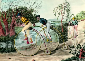 Historia de la bicicleta: carrera de gran bi (gran bi). Grabado del siglo XX. Colección privada