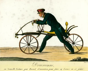 Historia de la bicicleta: la draisiana, un coche muy popular alrededor de 1818. Grabado de 1818. Colección privada