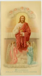 Estampa devocional: Primera Comunión, Jesús sosteniendo la hostia