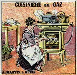Calefacción doméstica: estufa de gas Arthur Martin. Ilustración anónima de 1925. Colección privada.