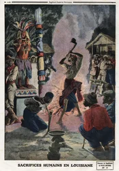 Sacrificios humanos en Luisiana. Grabado en 