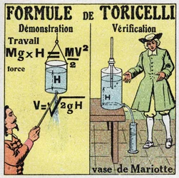 Hidráulica: demostración y verificación de la fórmula de Torricelli. El físico italiano Evangelista Torricelli o Toricelli (1608-1647) dio una fórmula para calcular el caudal de un líquido cuando se conoce la altura de su caída. A la derecha, el vaso de