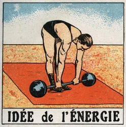 Idea de energía: atleta levantando un peso. Ilustración anónima de 1925. Colección privada.
