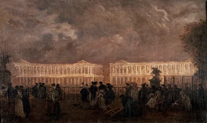 Iluminación de la plaza Luis XV (actual plaza de la Concordia) de París en 1782. A la izquierda, el actual Hôtel de Crillon y a la derecha, el Hôtel de la Marine (Hôtel du Garde-Meuble). Pintura anónima