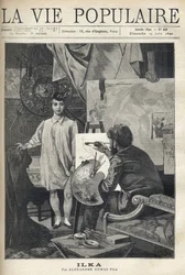 En un taller, un joven modelo en camisa y calcetín con un pequeño sombrero de plumas, posa para un pintor, se instala en su caballete, sosteniendo su paleta y pinceles, aplica a su boceto. Ilustración de Alfons Maria Mucha (Alphonse Marie Mucha)