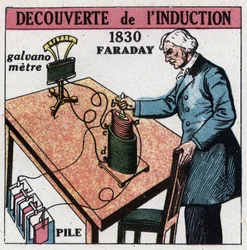 Inducción: inducción descubierta por Michael Faraday (1791-1867) en 1830-1831 usando una batería y un galvanómetro. Ilustración anónima de 1925. Colección privada.