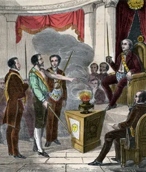 Iniciación de un masón francés en la hermandad - Recepción (ceremonia) de un Franc-Maçon - Grabado de 1879 en «Histoire des Sociétés Secrètes, Politiques et Religions» de Pierre Zaccone (1817-1895)