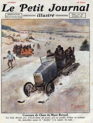 Innovación en los coches en las montañas, se colocan pistas en las ruedas para evitar derrapes. Ilustración tomada de “Le petit journal” del 27/02/1921. Colección privada