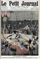 Jack Johnson ganando el campeonato mundial de boxeo contra Jim Jeffries en Reno, Nevada, 4 de julio