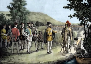 Jacques Cartier, su primera entrevista con los indios en Hochelaga ahora Montreal en 1535 (litografía)