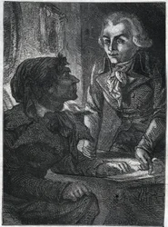 Jean-Paul (Jean Paul) Marat (1743-1793) con Maximilien de Robespierre (1758-1794). Grabado de 1866 en “Histoire de la Révolution française” por Adolphe Thiers. Colección privada.