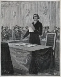 Jean Baptiste André Dumas (1800-1884) químico francés presenta a la Academia de Ciencias su informe sobre la invención de Ruolz y Elkington. Grabado de 1885 en "Les arts et metiers illustres" por Adolphe BITARD