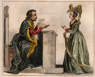 Jehan Pastoret (1328-1405), Presidente del Parlamento de París bajo el reinado de Carlos V con una mujer noble, usando un liripion. Grabado de 1859 en “Le Monde. Historia de todos los pueblos desde los tiempos más remotos hasta el presente” por M. E. de Lo