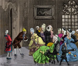 Joseph (Giuseppe) Balsamo (1743-1795), conocido como Alessandro Conde de Cagliostro recibido por la nobleza en Versalles alrededor de 1750, Grabado, Colección Privada