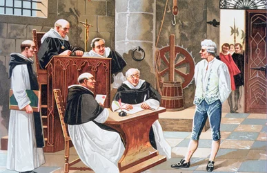 Juicio en la Corte de Ginebra del teólogo español Miguel Serveto, condenándolo a la hoguera por herejía en 1553