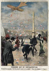 Jules Charles Toussaint Vedrines (1881-1919) está en contravención: desde lo alto de su monoplano, lanza folletos con la inscripción “Den aviones a Francia” sobre la Place de la Concorde en París. Grabado en “Le Petit Journal”, el 4/02/19