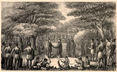 El rey Lebuschi recibe a Henri Depelchin (1822-1900), misionero jesuita y primer superior de la misión del Alto Zambeze en África. Grabado en “Les Missions Catholiques au XIXeme Siecle” de Louis-Eugene Louvet. Colección privada.