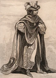 Caballero de la Orden de Nuestra Señora del Cardo. Grabado de 1859 en “Le Monde. Historia de todos los pueblos desde los tiempos más remotos hasta la actualidad” de M. E. de Lostalot-Bachoue. Colección privada.